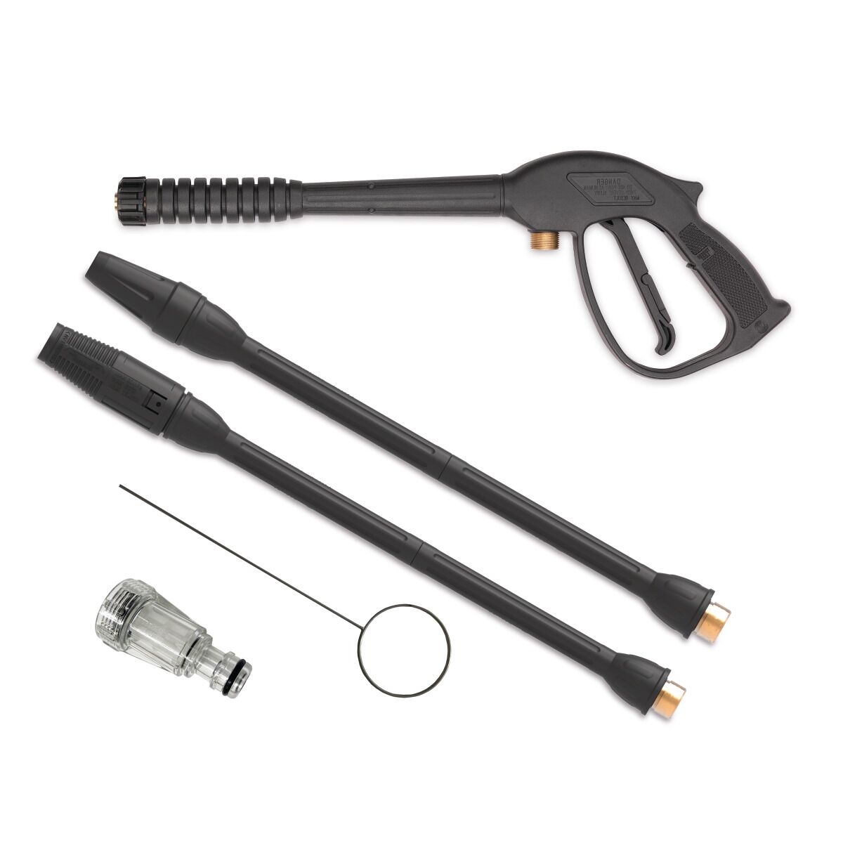 Zubehörset für Hochdruckreiniger bestehend aus Spritzpistole, zwei Lanzen, Düsenaufsatz, Reinigungsnadel und Wasseranschlussadapter.