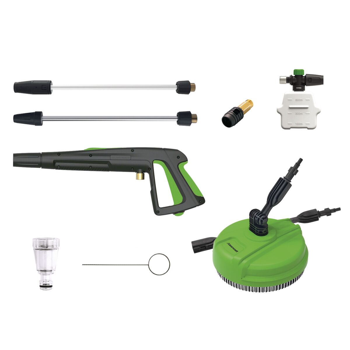 Zubehörset für Hochdruckreiniger bestehend aus Spritzpistole, Lanzen, Flächenreiniger, Reinigungsmitteltank und Wasserfilter.