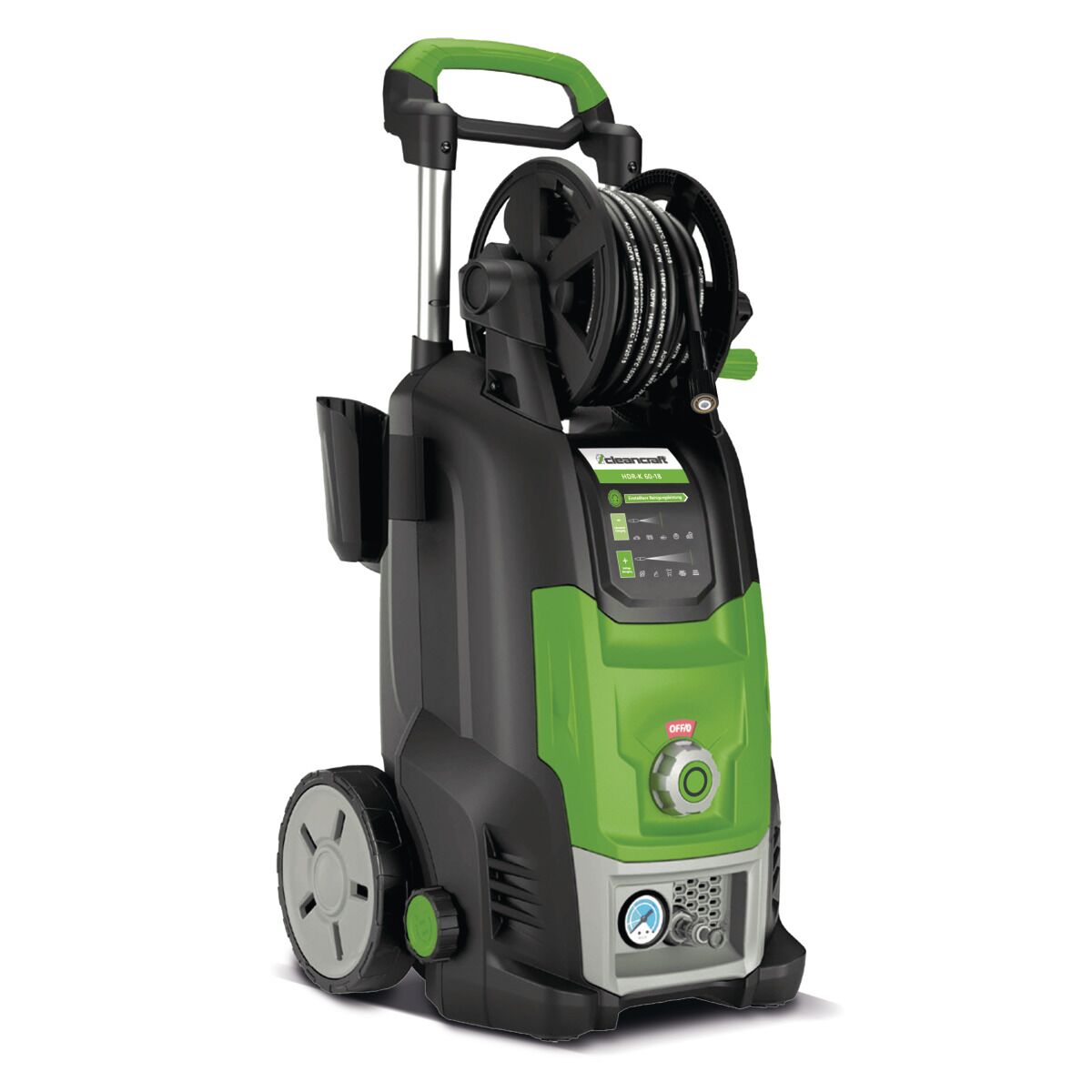 Elektrischer Hochdruckreiniger in Grün-Schwarz mit integriertem Schlauchaufroller und großen Rädern.