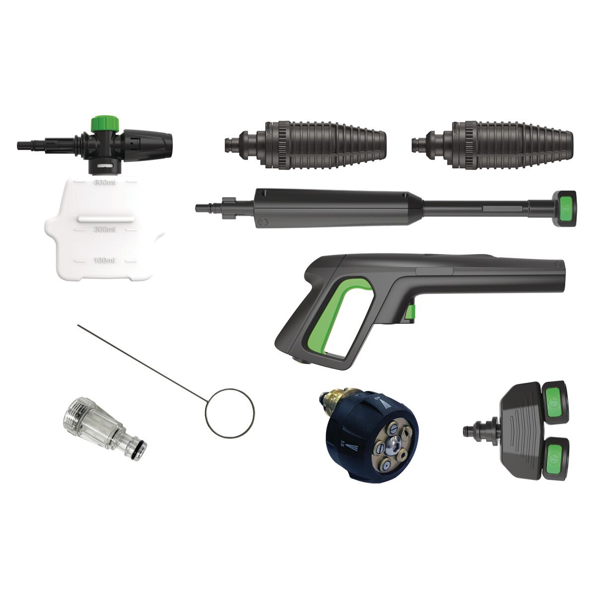 Zubehörset für Hochdruckreiniger mit Pistole, Lanzen, Schaumdüse, Bürste und Reinigungsnadel.