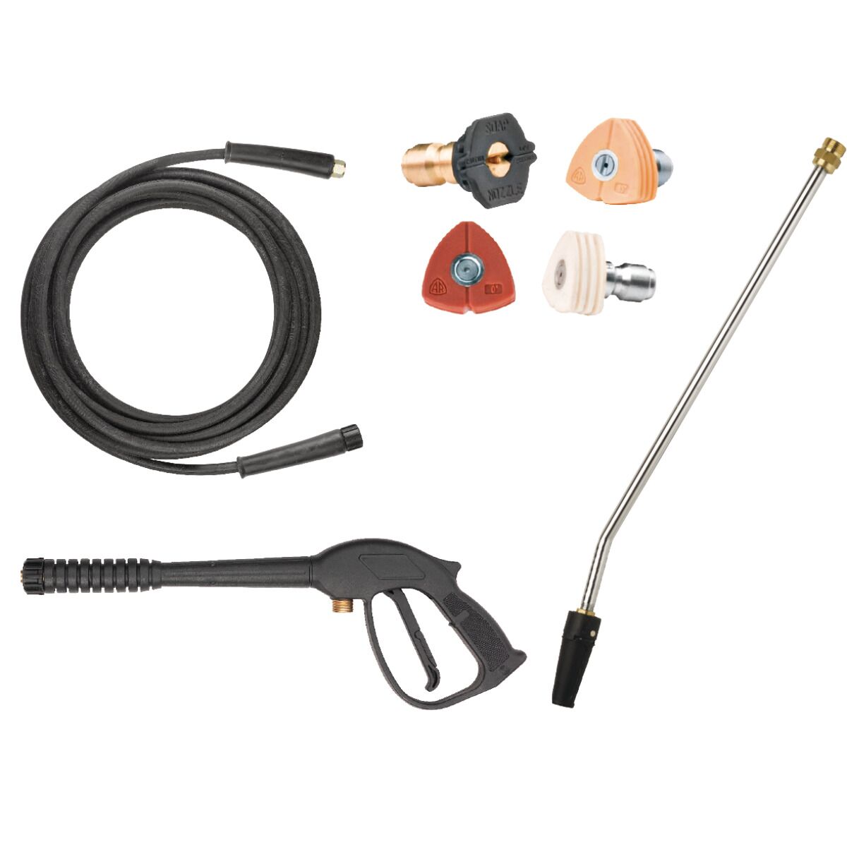 Zubehörset für Benzin-Hochdruckreiniger mit Hochdruckschlauch, Spritzpistole, Edelstahl-Lanze und verschiedenen Düsenaufsätzen.