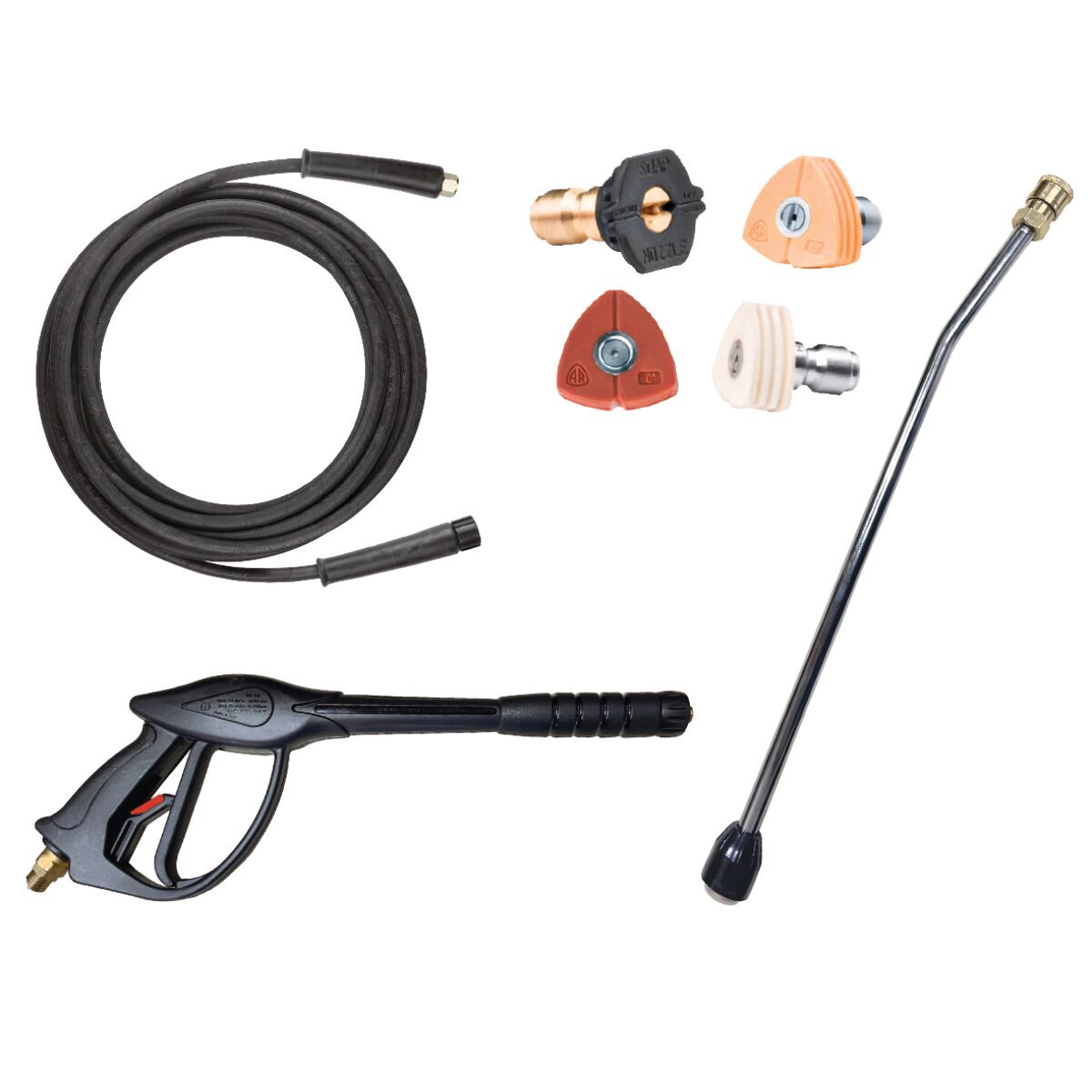 Zubehörset für Hochdruckreiniger mit Hochdruckschlauch, Pistole, Lanze und vier farbcodierten Düsenaufsätzen.