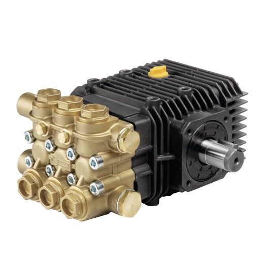 Messing-Hochdruckpumpe mit mehreren Ventilen, schwarzem Gehäuse & seitlicher Antriebswelle.