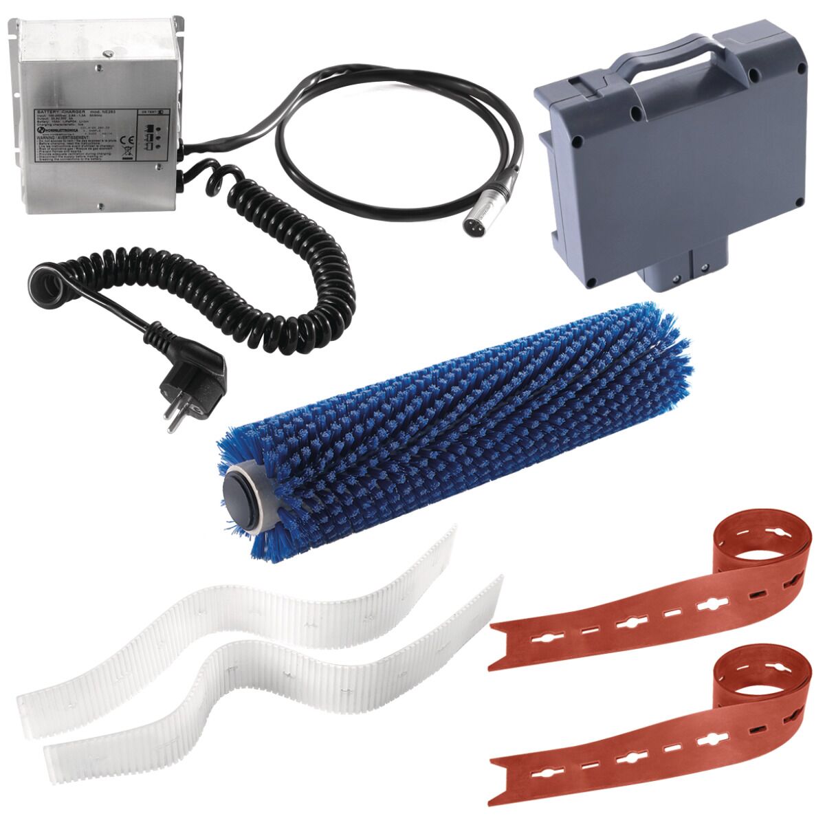 Zubehörset für Reinigungsmaschine, bestehend aus Ladegerät, Batterie, blauer Bürstenwalze und Dichtlippen.