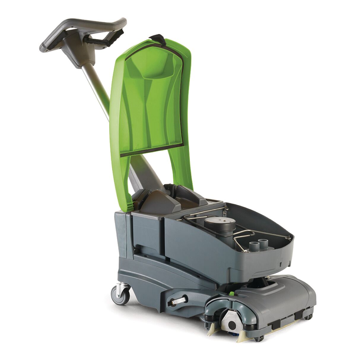 Reinigungsmaschine mit geöffnetem grünen Deckel, zeigt die inneren Komponenten und Tanks.