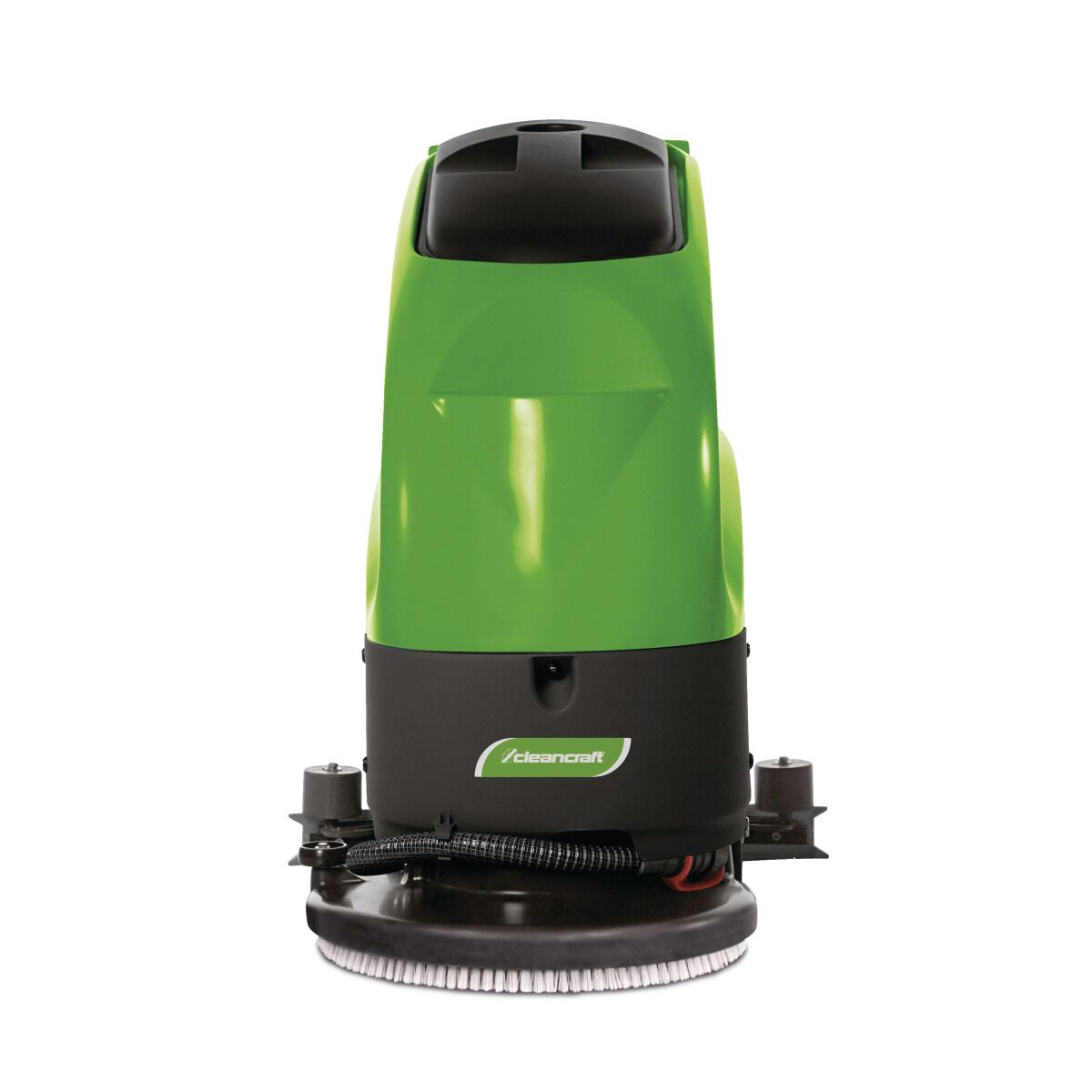 Frontansicht einer grünen Bodenreinigungsmaschine mit sichtbarer Rundbürste unten.