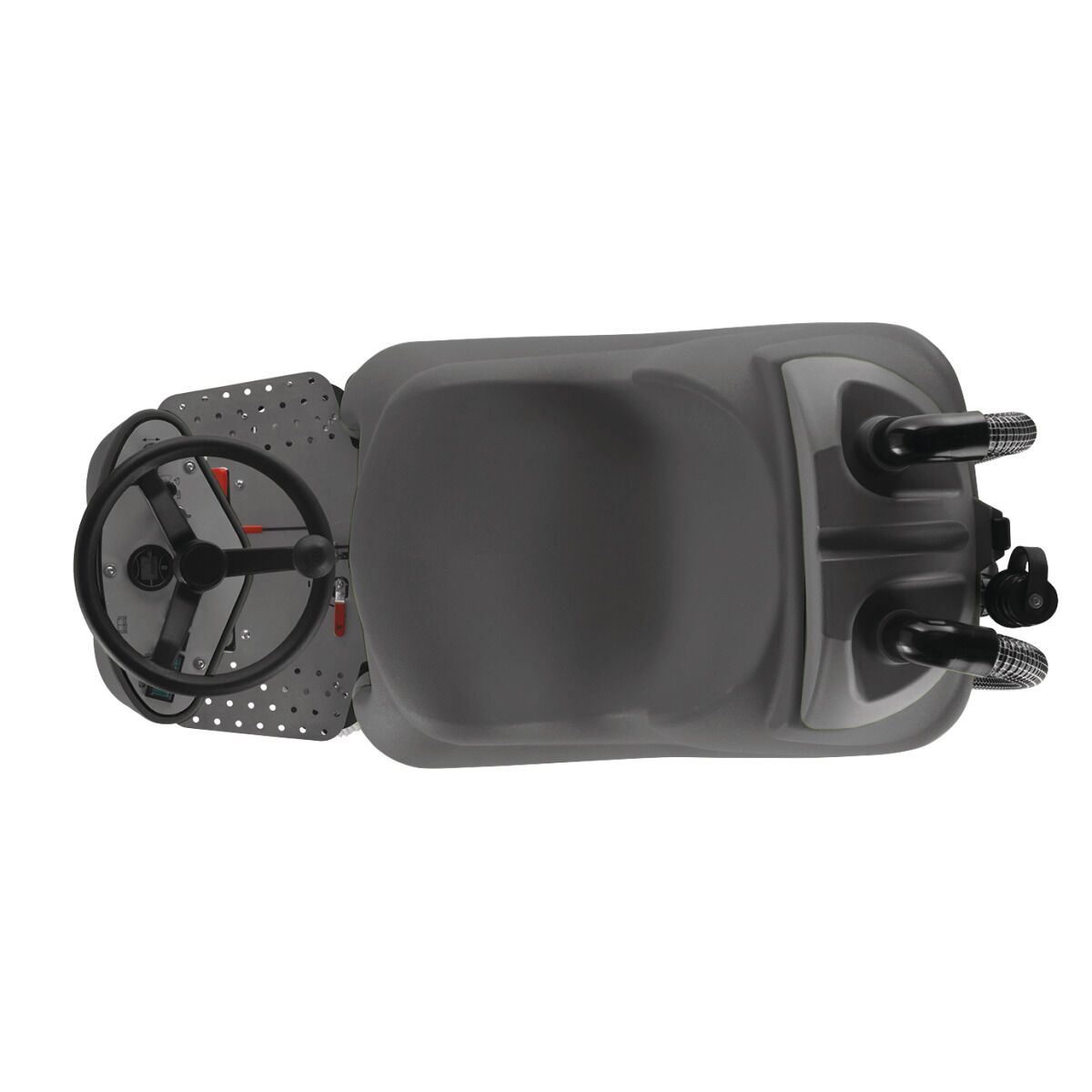 Draufsicht auf eine Aufsitz-Scheuersaugmaschine mit Sitz, Lenkrad und zwei Saugschläuchen hinten.