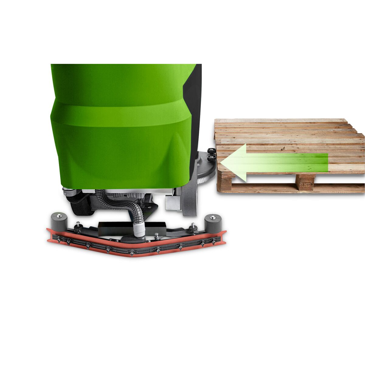 Rückansicht der Maschine, die sich einer Holzpalette nähert, grüne Pfeilmarkierung zeigt Bewegung an.