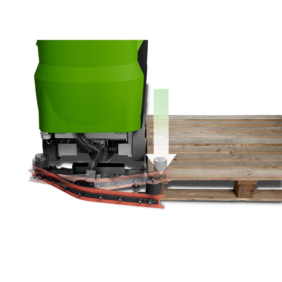 Rückansicht der Maschine, deren Saugleiste an eine Holzpalette stößt, Pfeil zeigt Bewegungsrichtung.