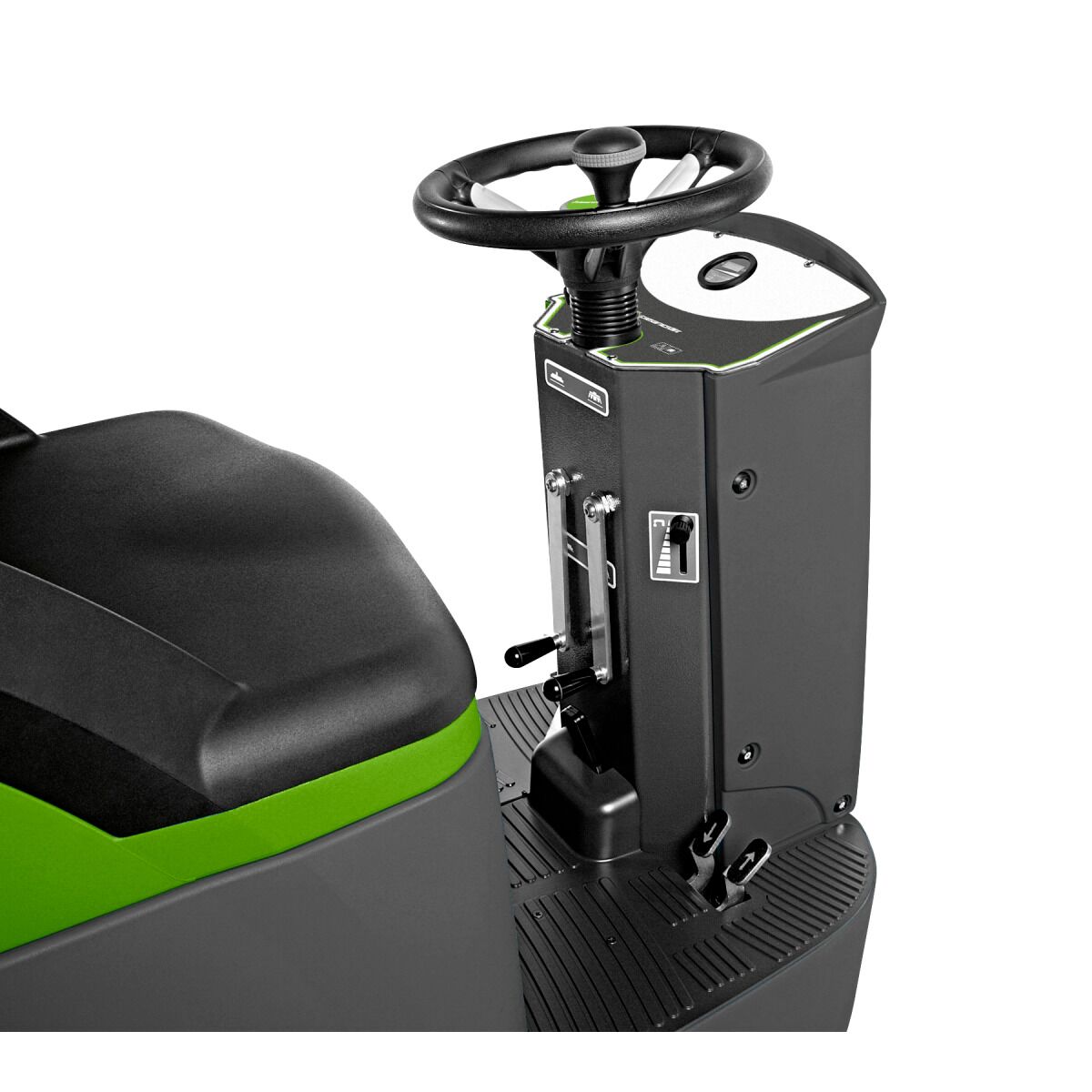 Seitliche Ansicht der Steuerkonsole mit Hebeln und Schaltern einer Aufsitz-Scheuersaugmaschine.