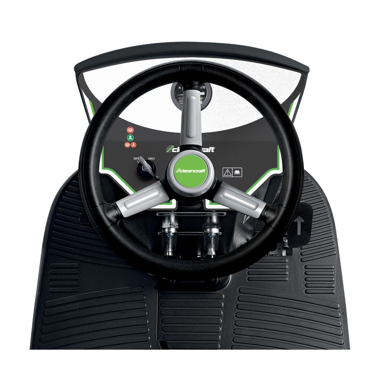 Nahaufnahme des Lenkrads und Bedienfelds einer Aufsitz-Scheuersaugmaschine mit grünen Markierungen.