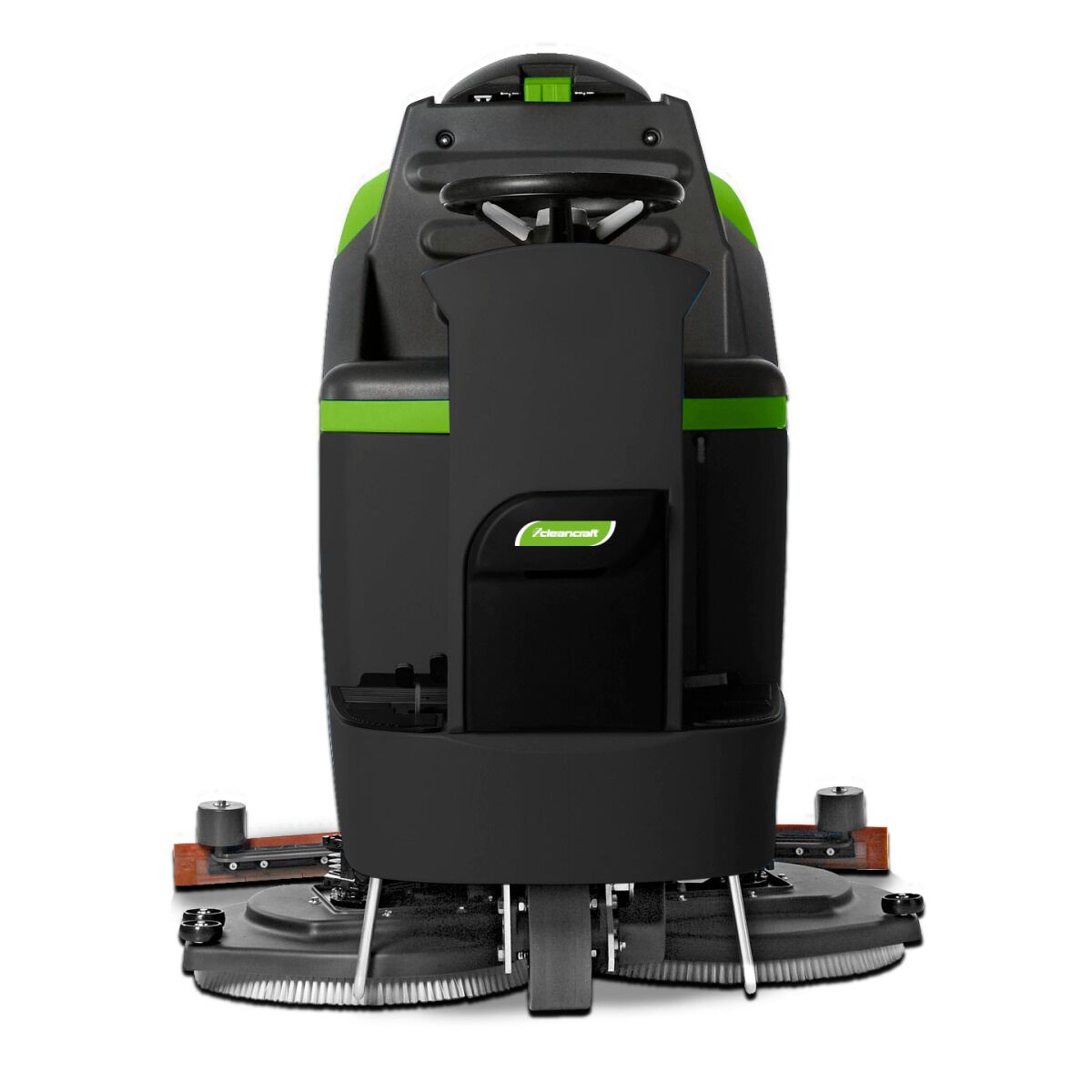 Rückseite der Aufsitz-Scheuersaugmaschine mit Steuerpult, Saugleiste und Bürstenmodul unten.