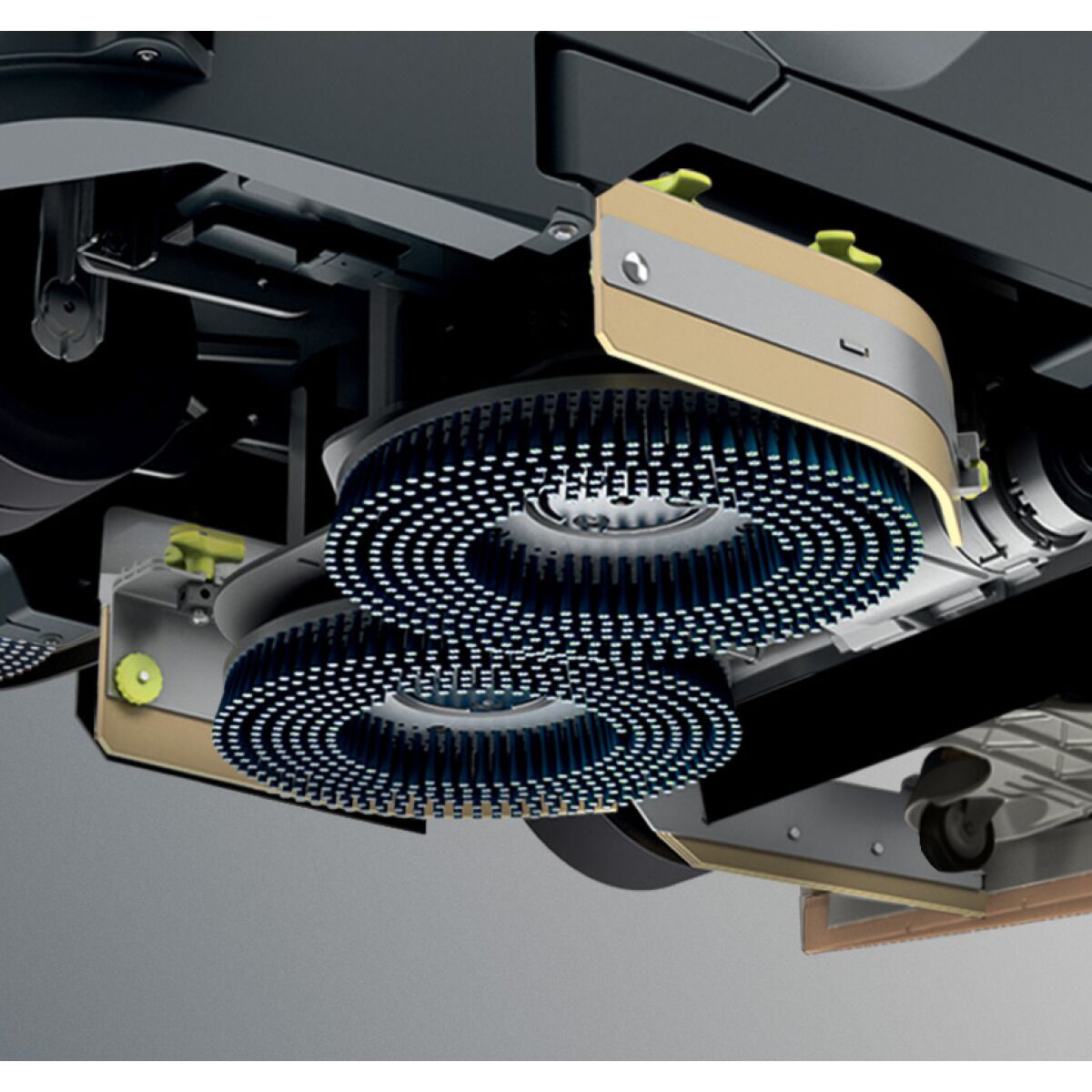 Unteransicht mit zwei rotierenden Bürstentellern und Saugfuß einer Reinigungsmaschine.