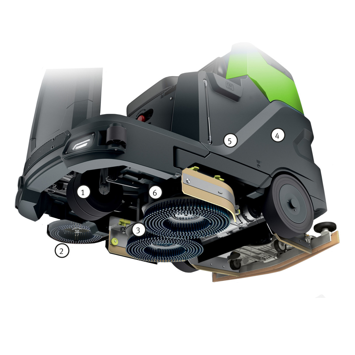 Aufgeschnittene Darstellung einer Scheuersaugmaschine mit beschrifteten Komponenten.