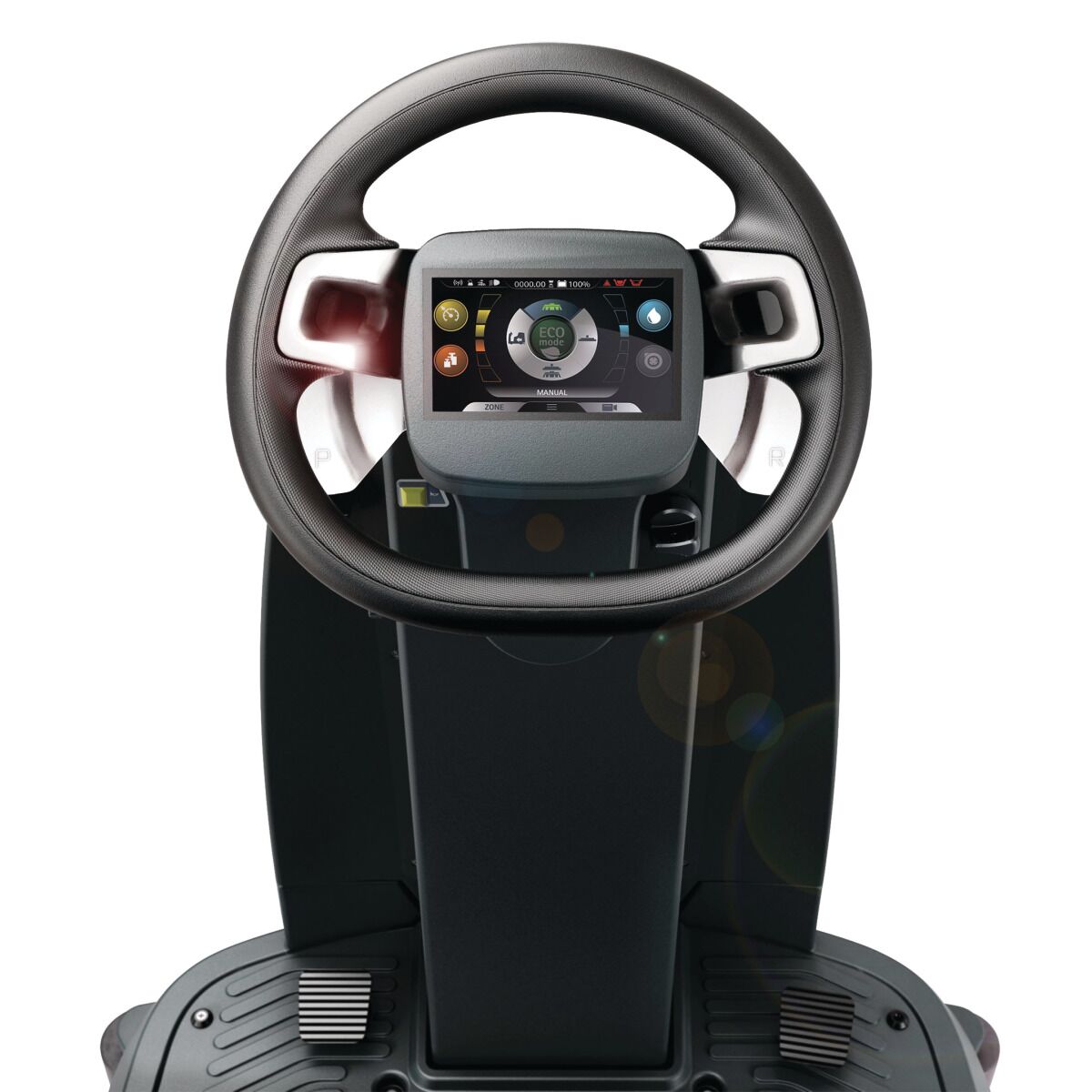 Ansicht des Lenkrads mit integriertem Display einer Aufsitz-Scheuersaugmaschine.