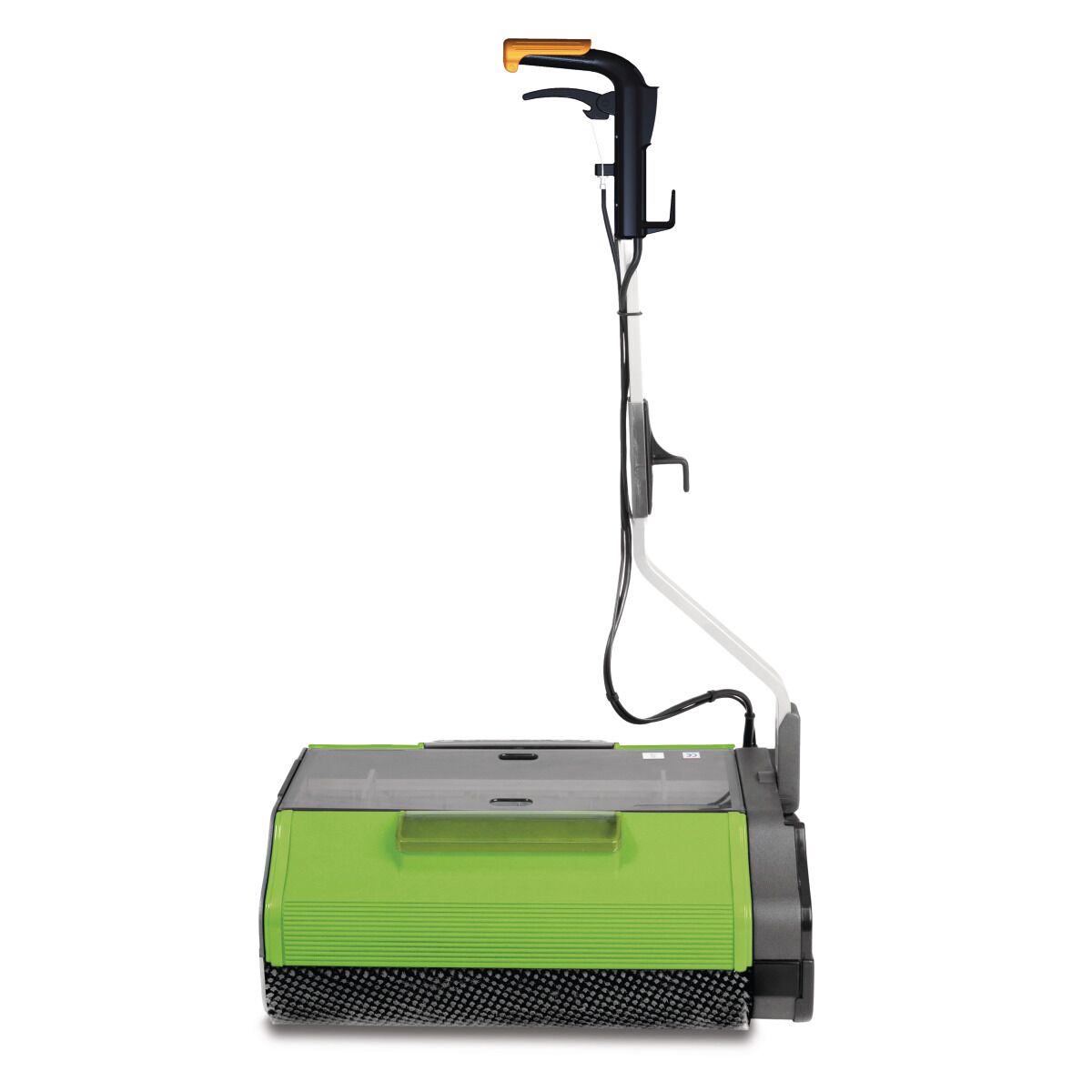 Seitenansicht einer handgeführten CleanCraft Bodenreinigungsmaschine mit grünem Gehäuse.