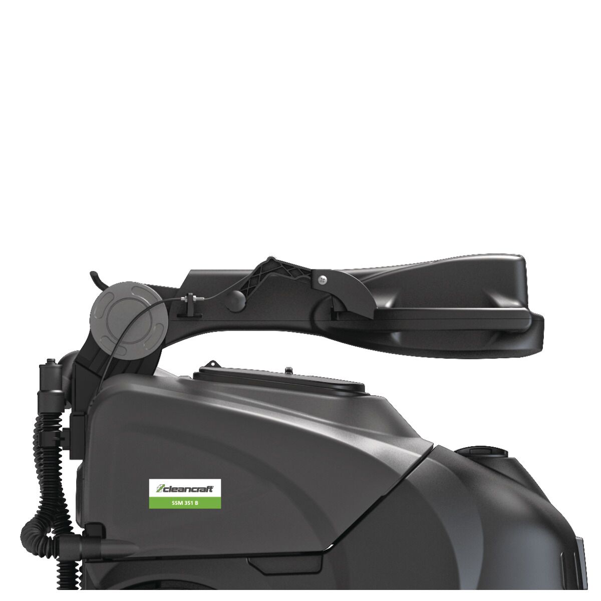 Seitliche Detailansicht einer schwarzen Bodenreinigungsmaschine mit eingeklapptem Griff.