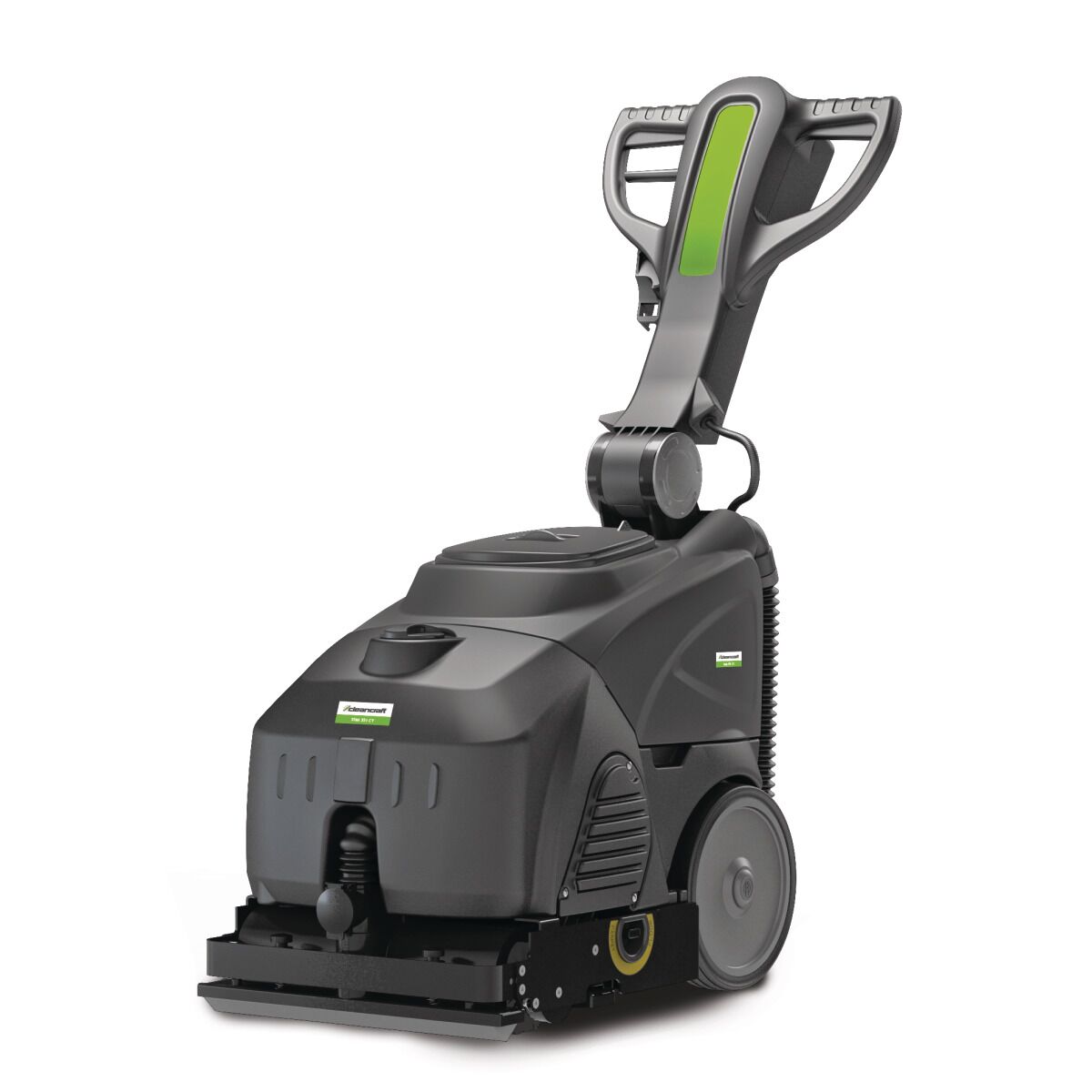 Schwarze Reinigungsmaschine mit grünem Akzent am Griff, Frontansicht mit Bürstenkopf und Rädern.