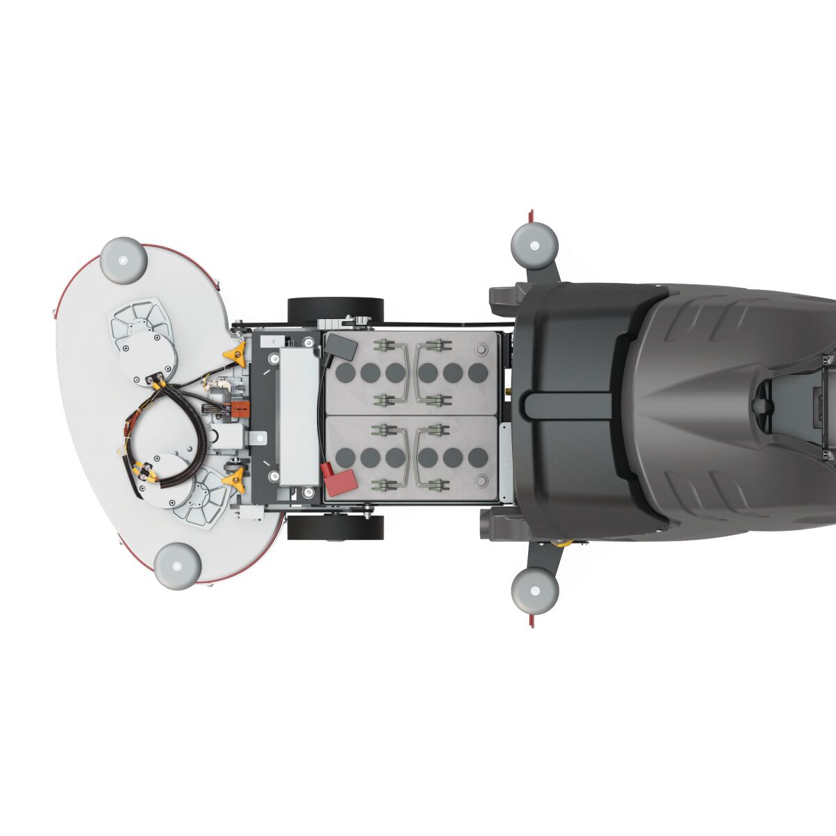 Bodenreinigungsmaschine von oben, geöffneter Batteriebereich mit sichtbaren Akkus und Kabeln.