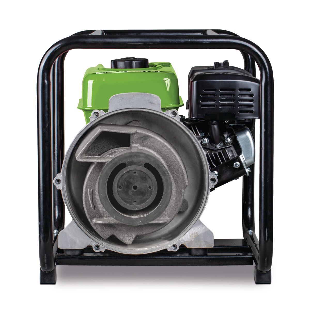 Geöffnete Wasserpumpe mit sichtbarem Laufrad, Vorderansicht.