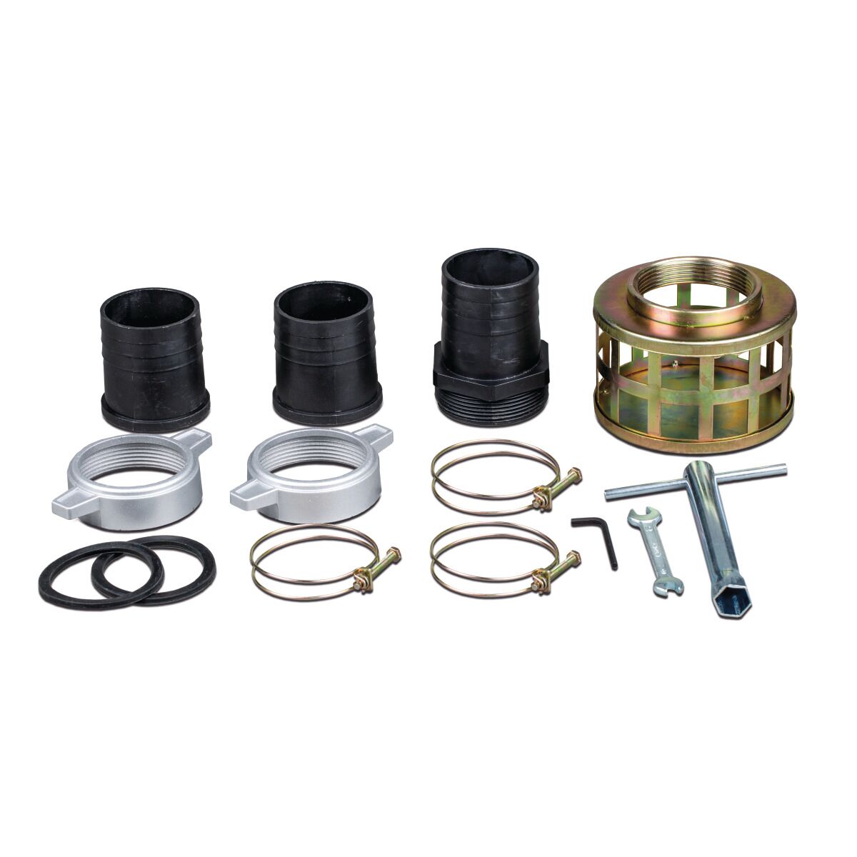 Zubehörset mit Schläuchen, Kupplungen, Schellen, Filtern und Werkzeugen.