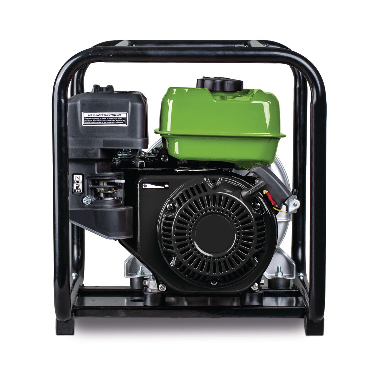 Rückansicht der Wasserpumpe mit grünem Tank und schwarzem Motor im Metallrahmen.