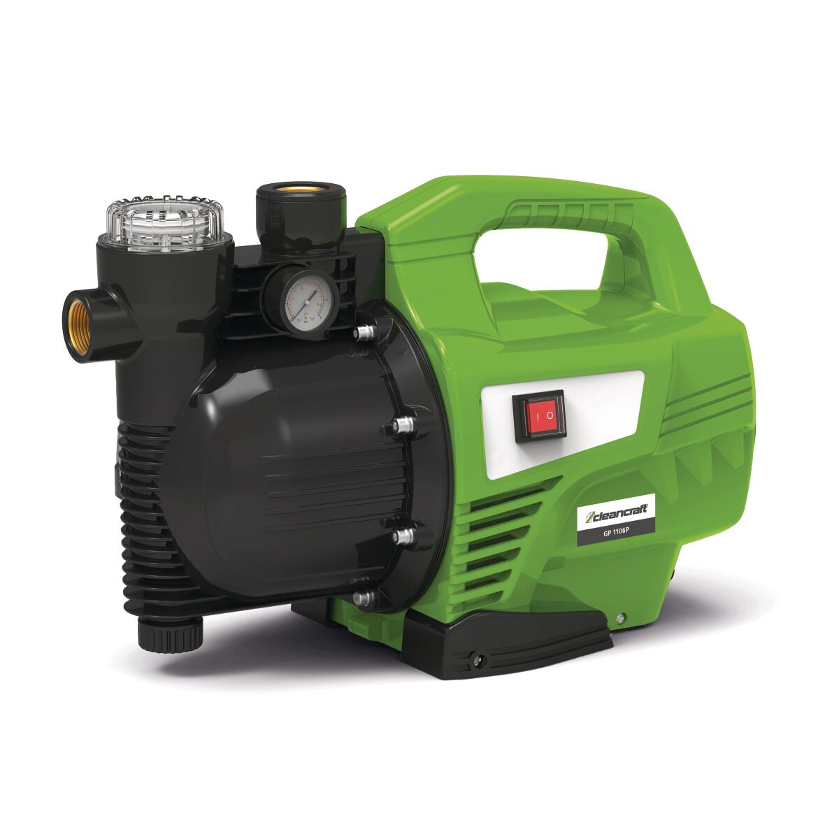 Grüne Garten- und Hauswasserpumpe mit Manometer, Netzschalter und transparentem Vorfilter, Modell Cleancraft GP 1106P.