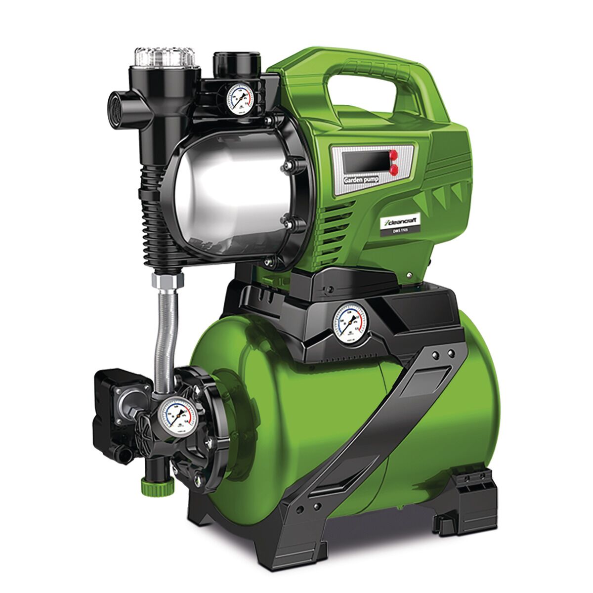 Grüne Hauswasseranlage mit Druckkessel, Manometern und Edelstahl-Pumpeneinheit, Modell Cleancraft DWS 1105.