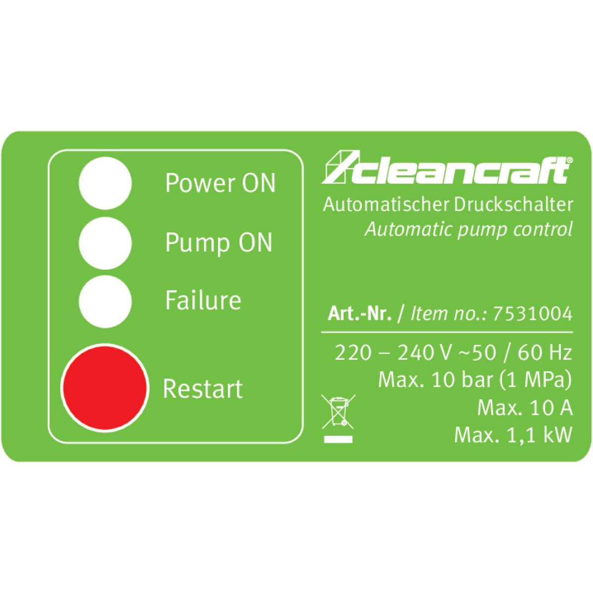 Grünes Bedienfeld eines automatischen Druckschalters mit LED-Anzeigen für Power, Pump, Failure und großem roten Restart-Knopf.