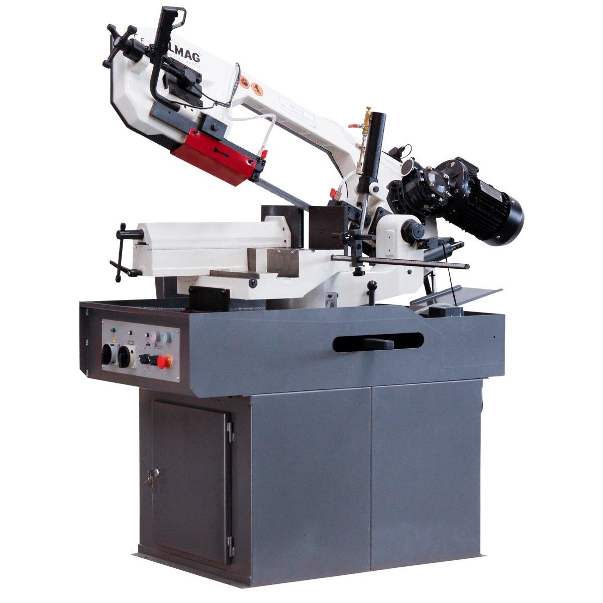 Metallbandsäge mit schwenkbarem Sägebügel, Motor, Spannstock, Bedienfeld und grauem Untergestell mit Schrank.