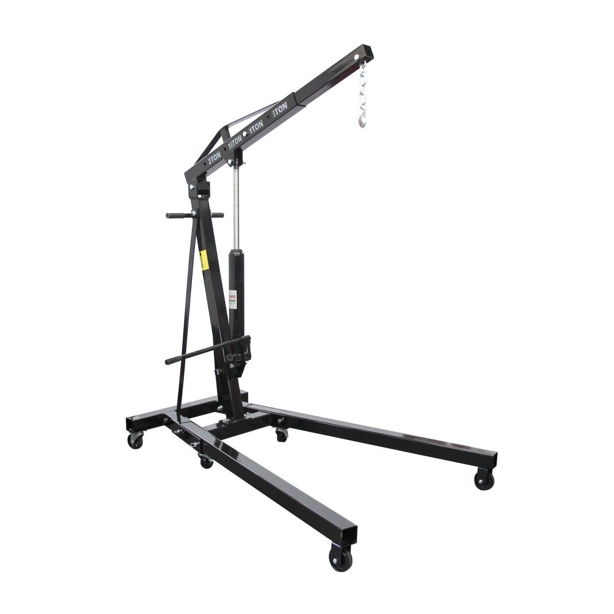 Schwarzer mobiler Motorkran mit hydraulischem Hubarm, Haken und Rollen auf weißem Hintergrund.