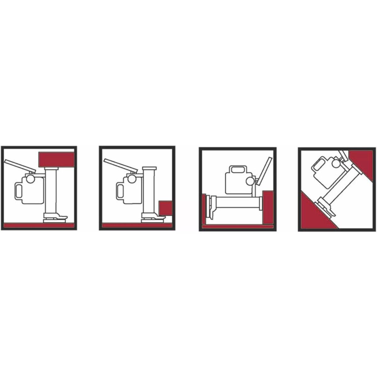 Vier schematische Darstellungen eines hydraulischen Maschinenhebers in verschiedenen waagerechten, senkrechten und schrägen Positionen.