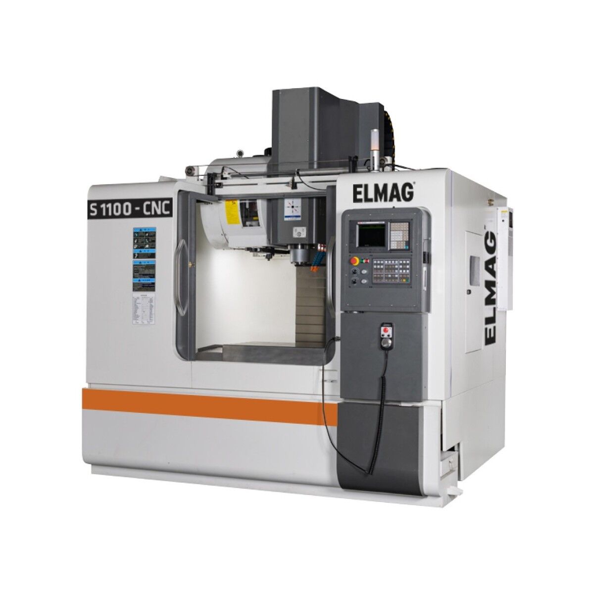 ELMAG CNC-Bearbeitungszentrum S 1500 mit geschlossenem Arbeitsraum und Bedienfeld auf weißem Hintergrund.
