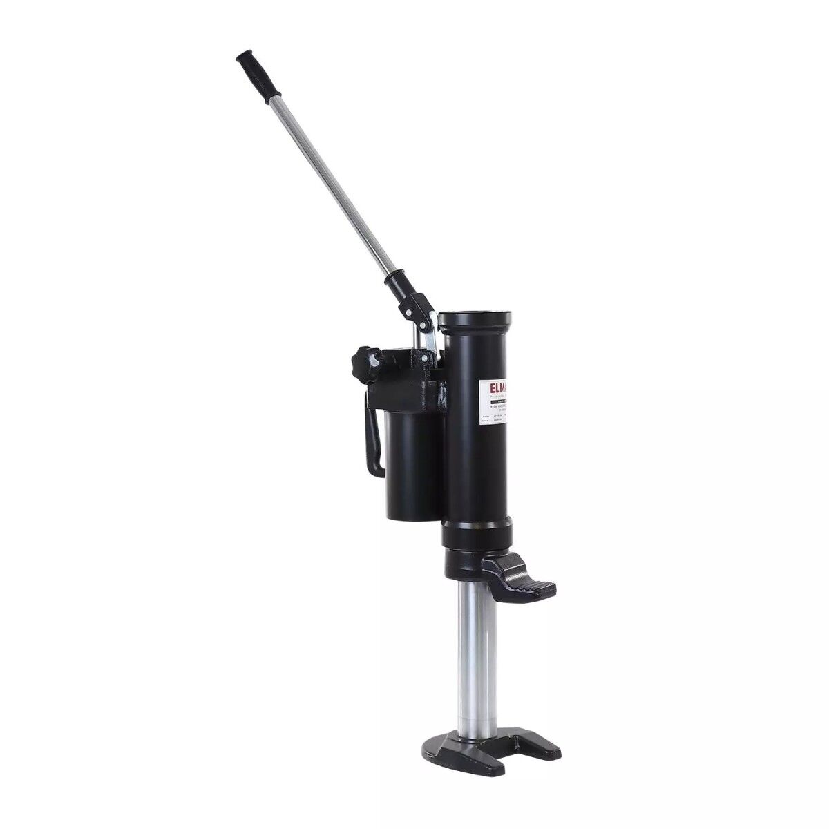Ausgefahrener hydraulischer Maschinenheber mit langem Pumpenhebel, seitlichem Griff und breitem Standfuß.