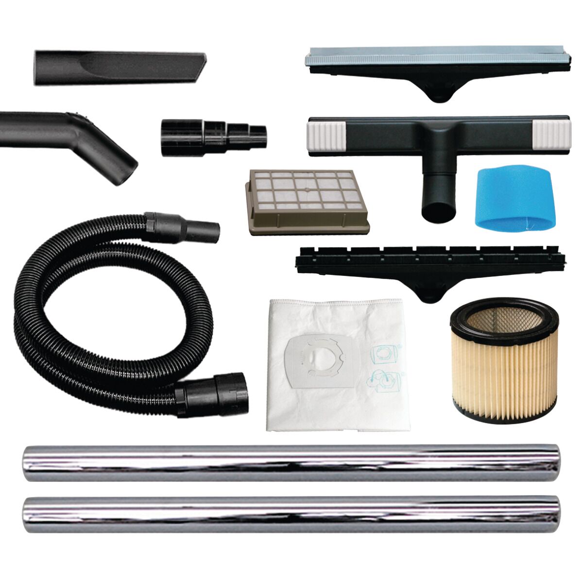 Zubehörset mit Schläuchen, Rohren, Filtern, Düsen und Staubbeutel für Nass- und Trockensauger.