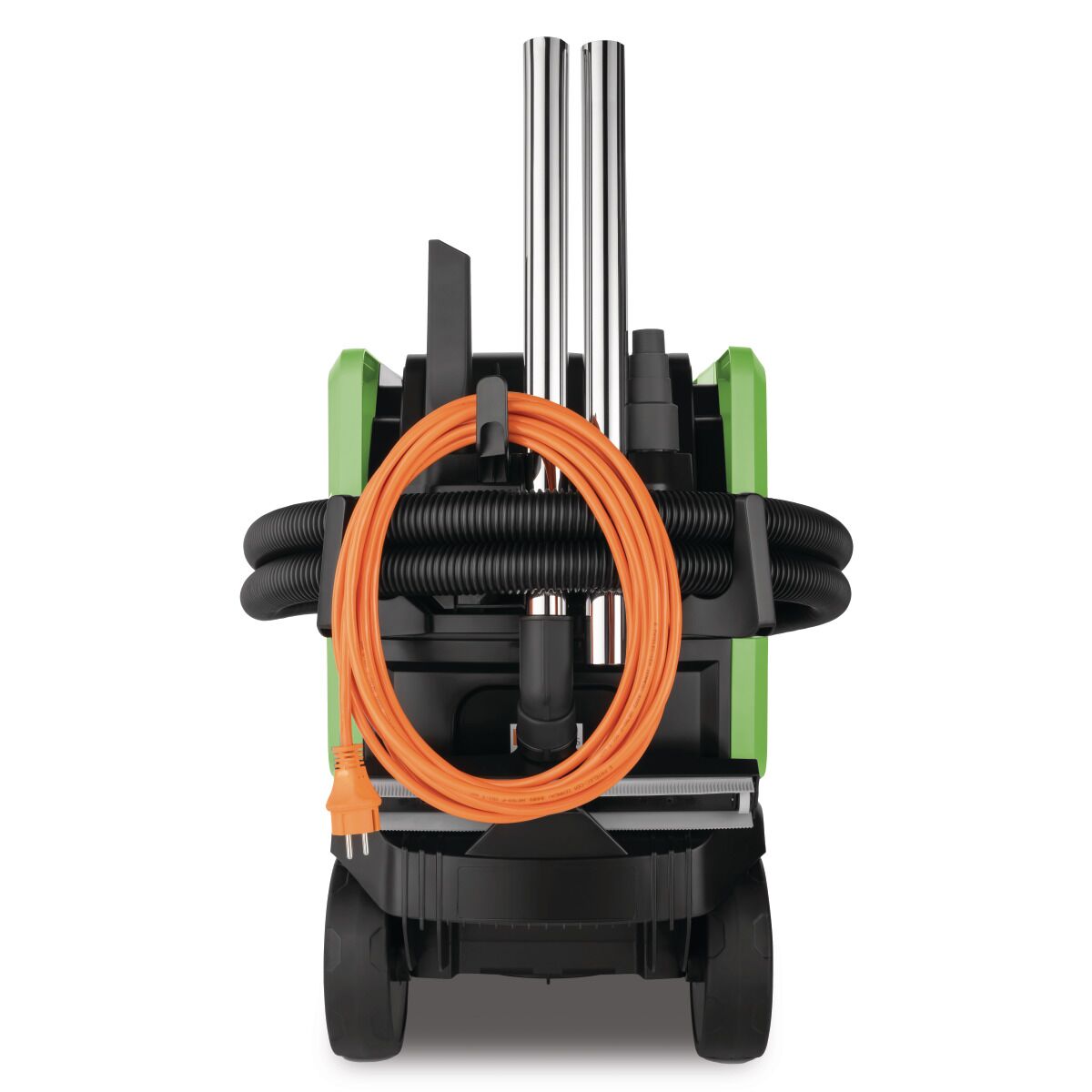 Rückansicht mit aufgewickeltem Stromkabel, Saugrohren und Zubehörhaltern.