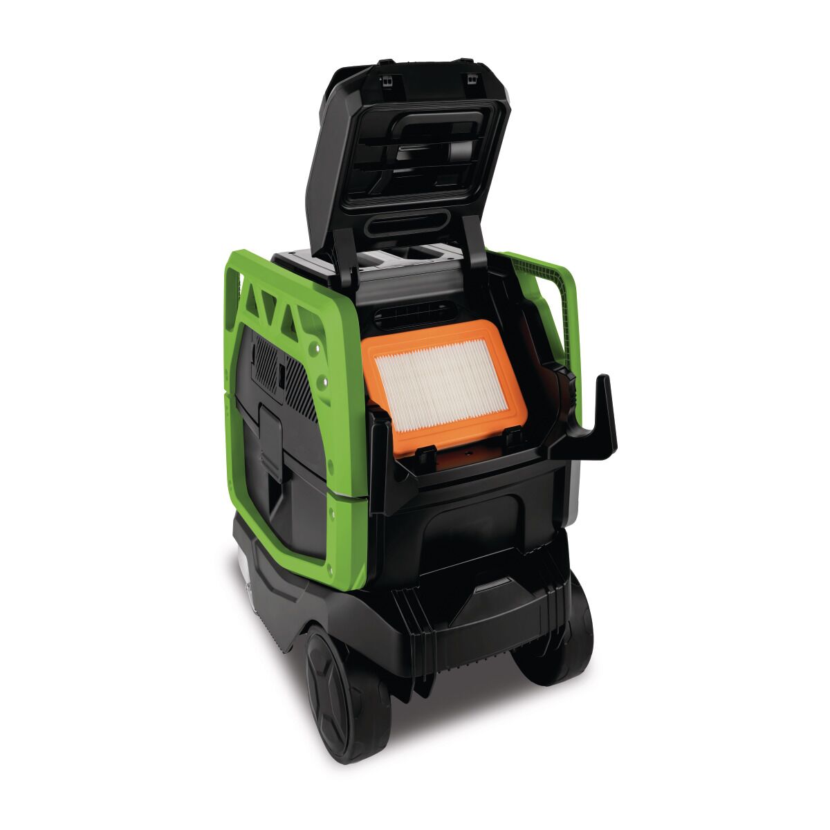 Geöffneter Entstauber mit sichtbarem Filtereinsatz und Wartungsfach.