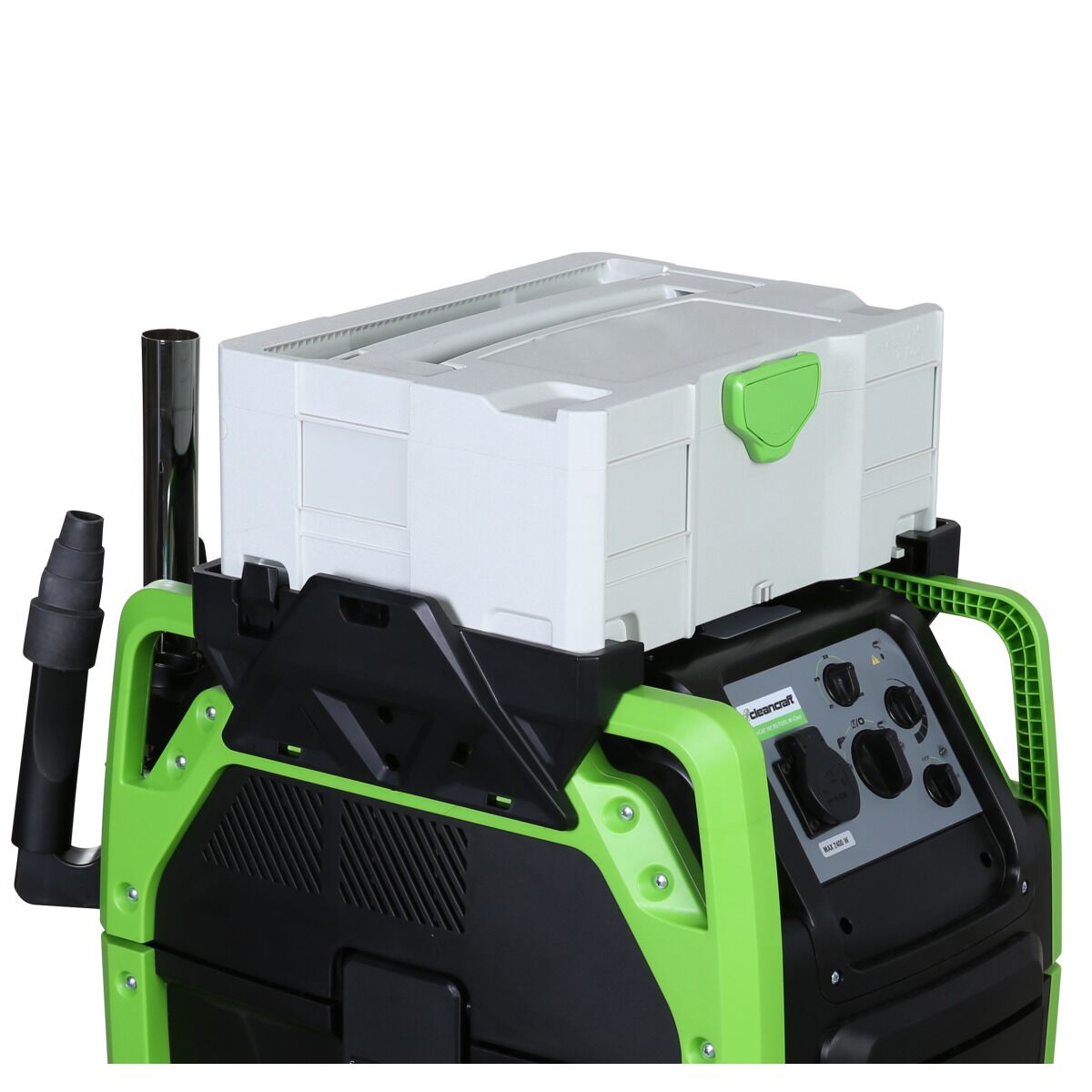 Bau-Entstauber mit aufgesetztem Systainer – praktische Ablagefläche für Werkzeugboxen.