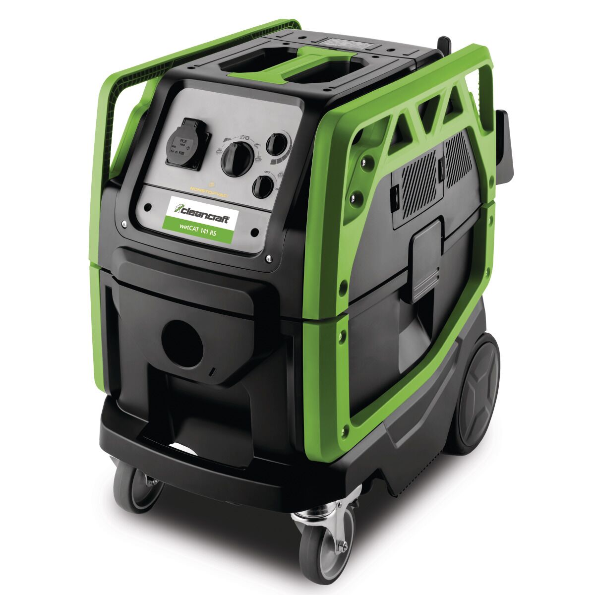 Kompakter Bau-Entstauber mit grünem Rahmenschutz, Bedienelementen und Rollen für mobilen Einsatz.