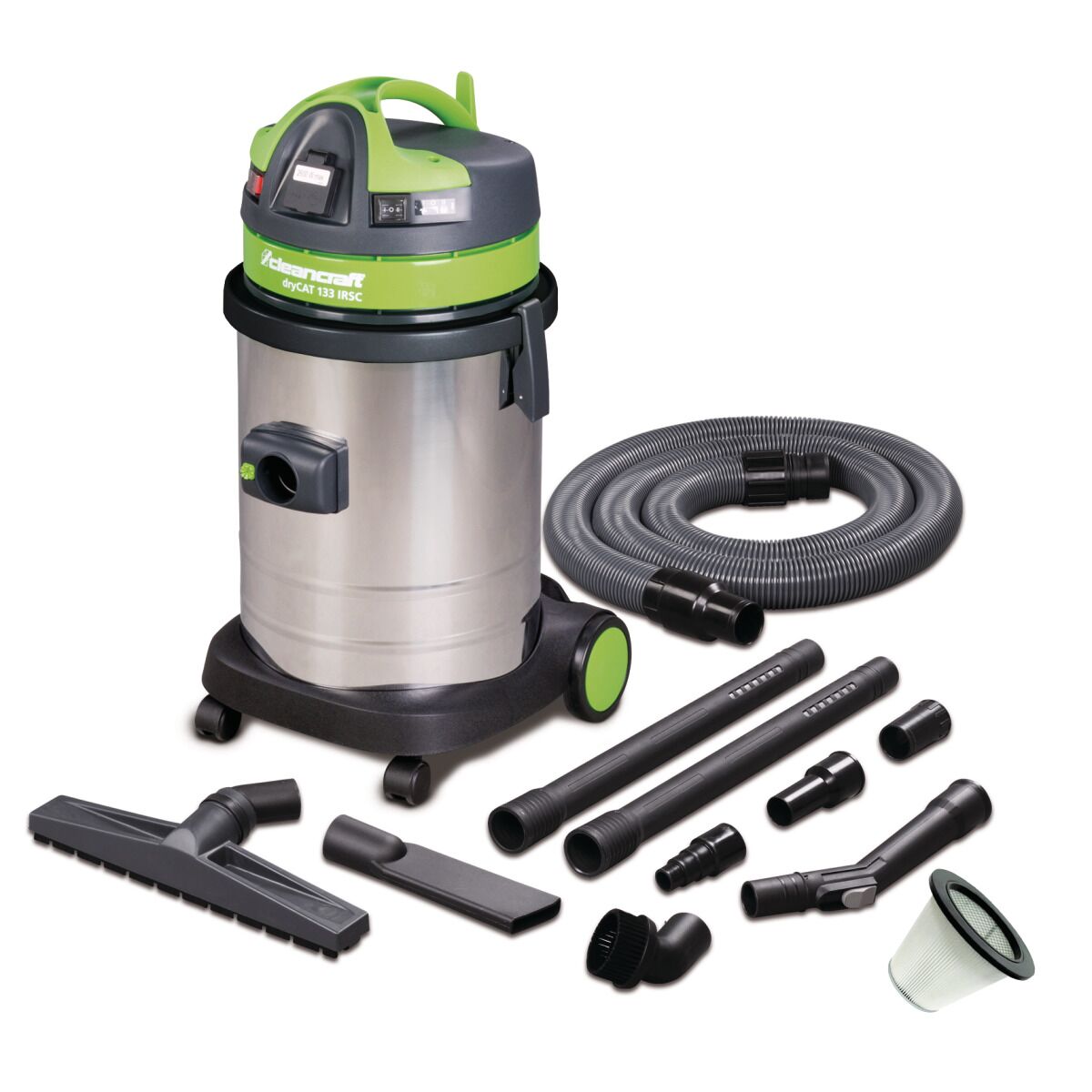 Industriestaubsauger mit Zubehör, Schläuchen, Rohren und Düsen auf weißem Hintergrund.