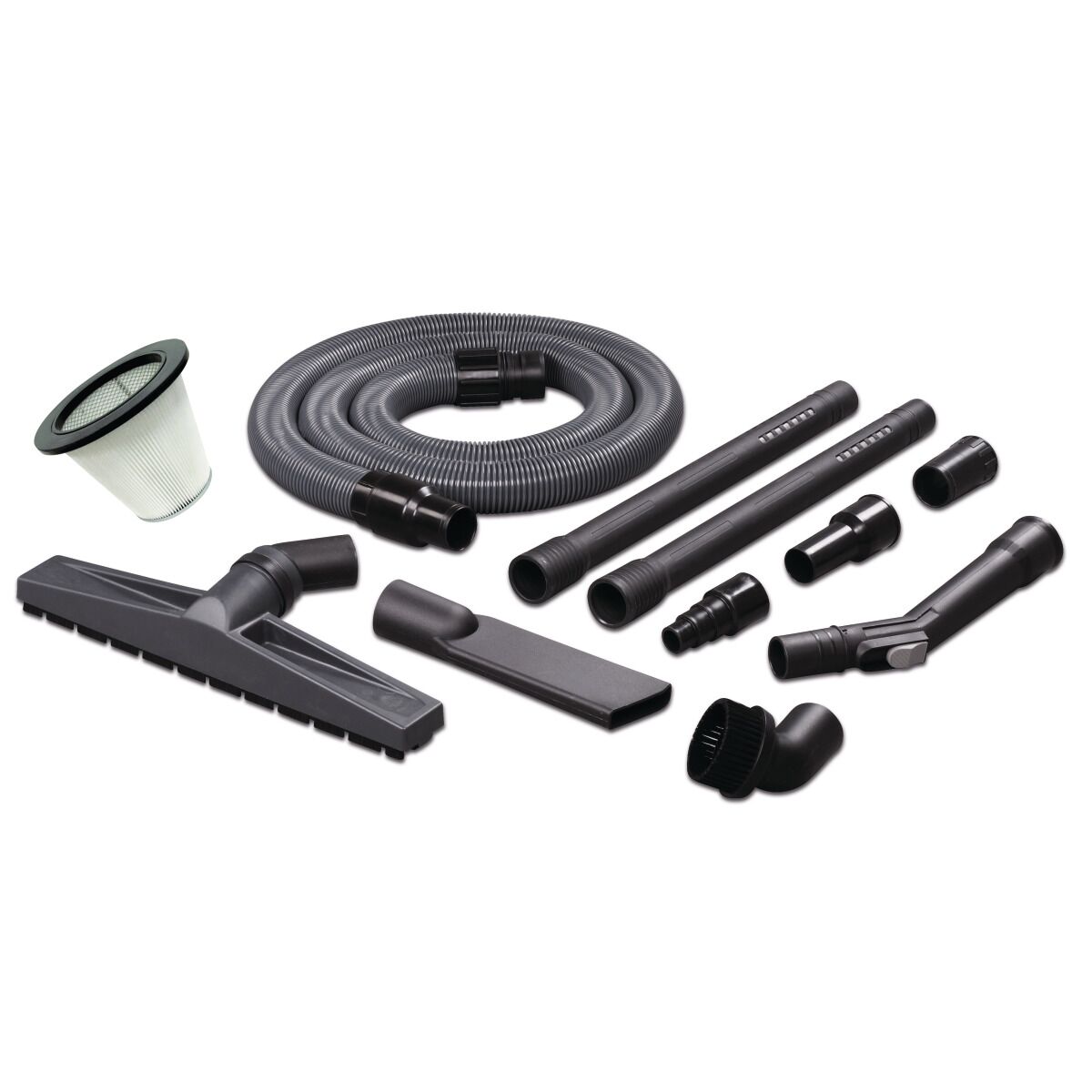 Zubehörset für Industriestaubsauger mit Schläuchen, Rohren, Bürsten und Filter.