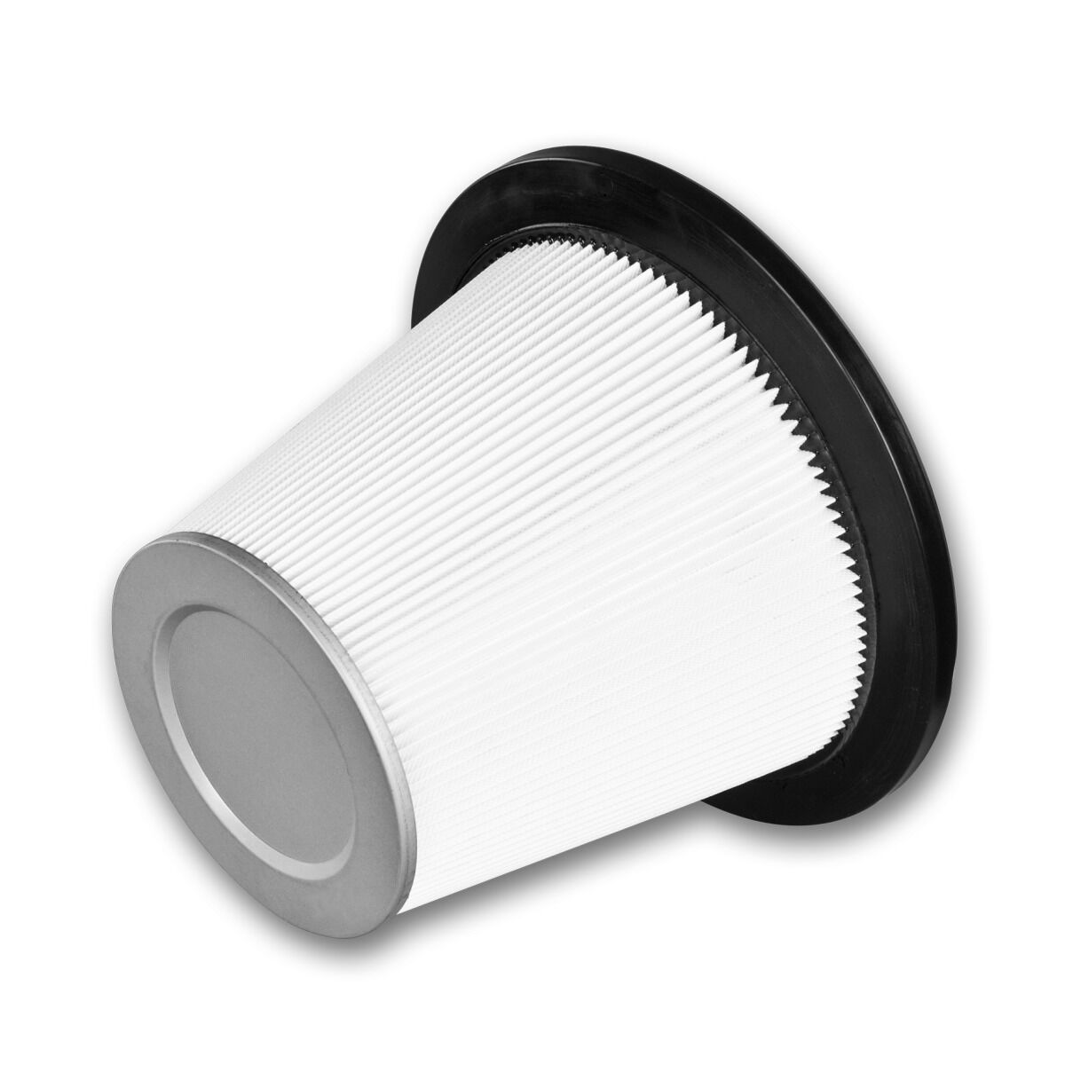 Weißer Faltenfilter für Industriestaubsauger mit schwarzem Rand.