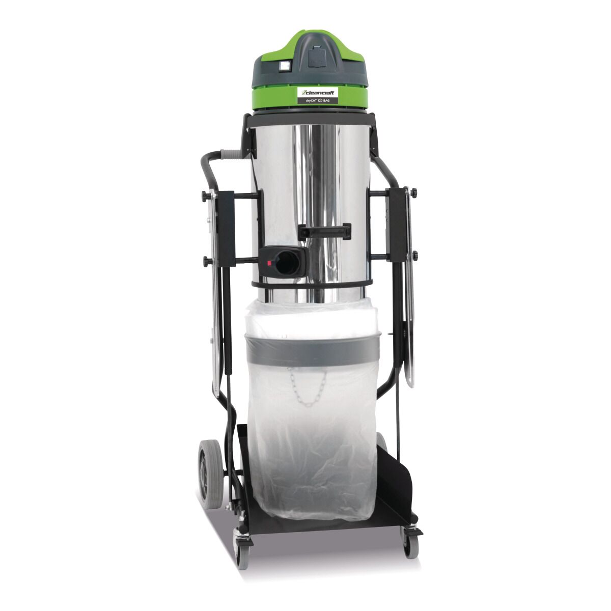 Industriestaubsauger mit Edelstahlbehälter, grünem Motorkopf und fahrbarem Metallrahmen.