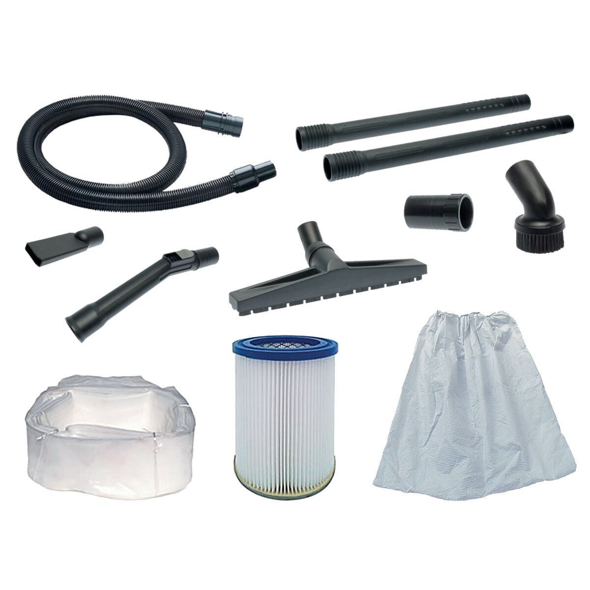 Zubehörset mit Schläuchen, Rohren, Düsen, Filtern und Staubbeuteln auf weißem Hintergrund.
