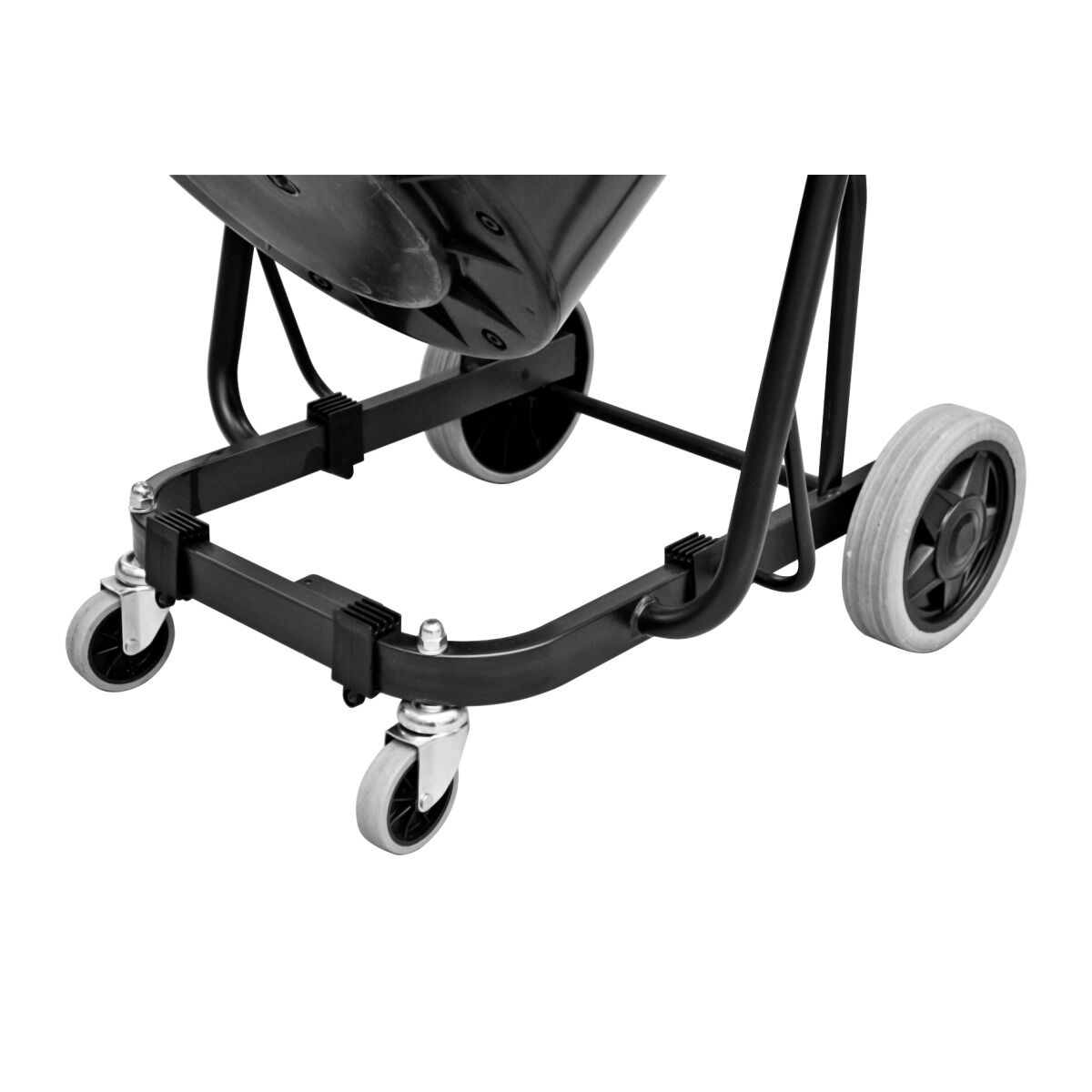 Detailansicht des Fahrgestells mit Rollen und Halterung eines Industriestaubsaugers.