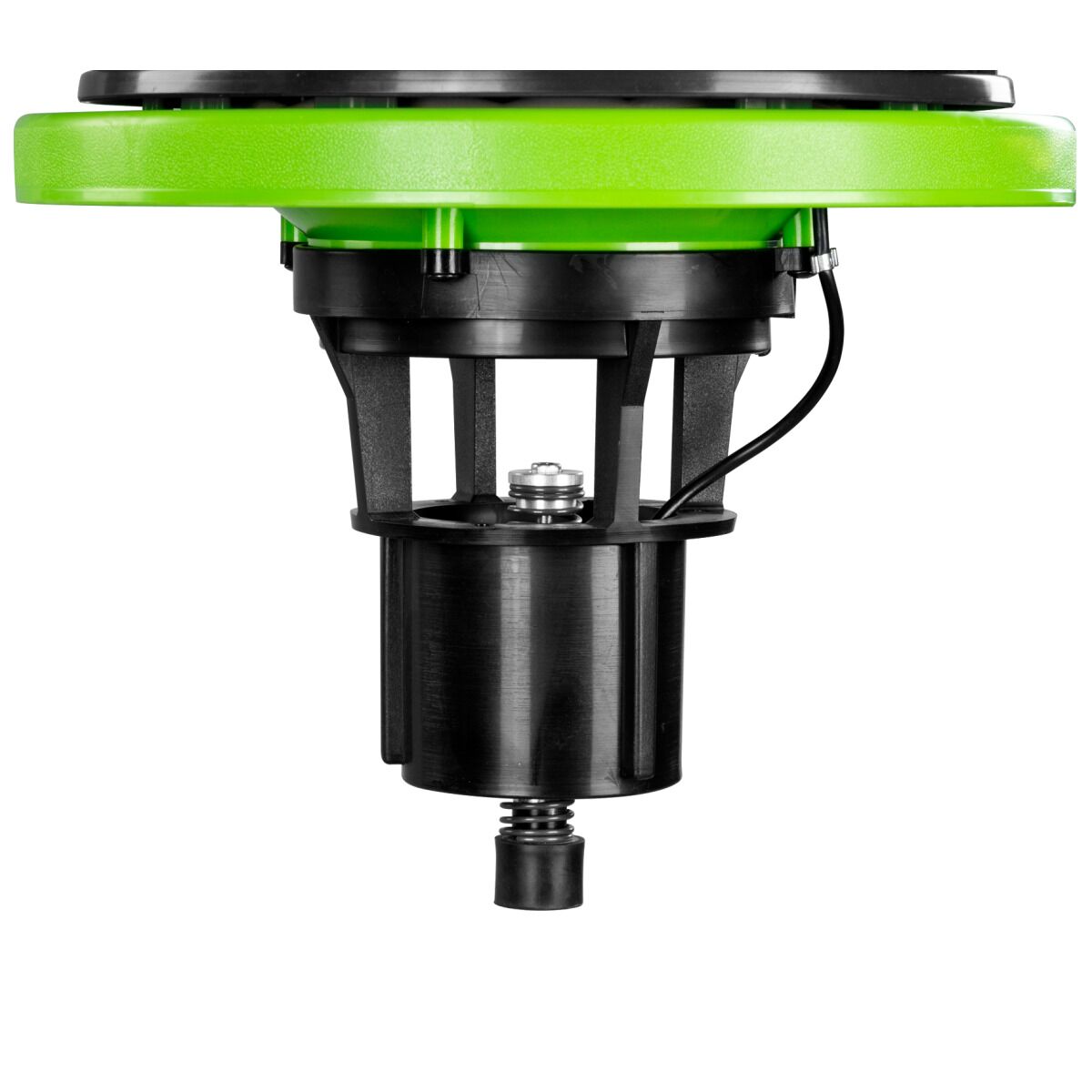 Motor- und Lüftereinheit eines Industriestaubsaugers mit grünem Deckel in Nahaufnahme.