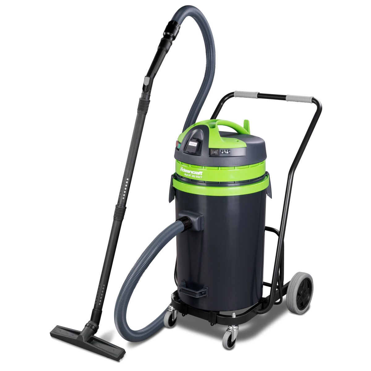 Industriestaubsauger mit montiertem Saugrohr und Schlauch in Einsatzstellung.