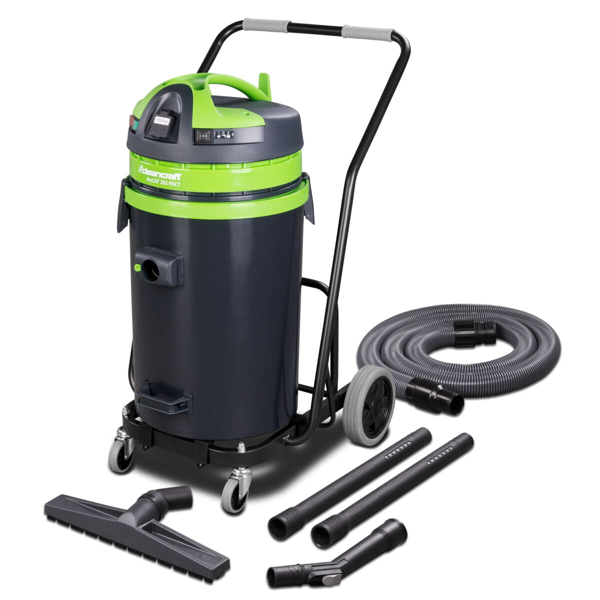 Industriestaubsauger mit Fahrgestell und Zubehörset, bestehend aus Schläuchen und Düsen.