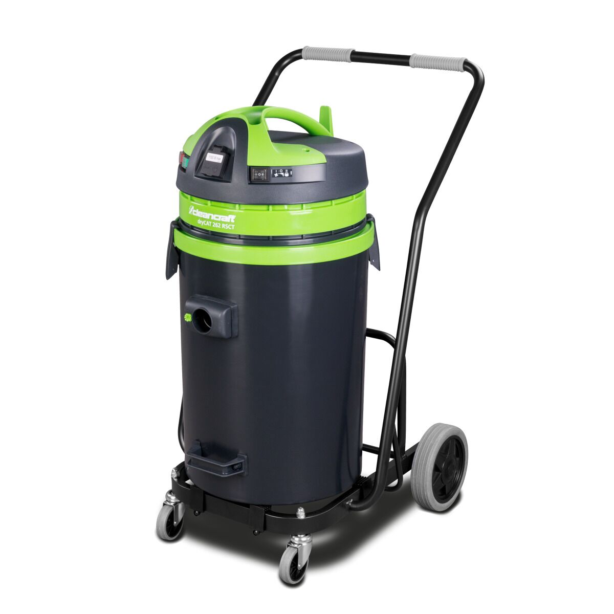 Industriestaubsauger mit Fahrgestell, grün-grauem Deckel und schwarzem Behälter auf Rollen.