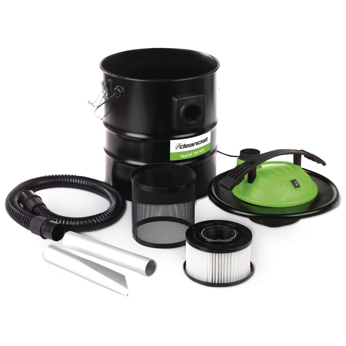 Aschesauger mit geöffnetem Behälter und Zubehörteilen wie Filtern, Schlauch und Düsen.